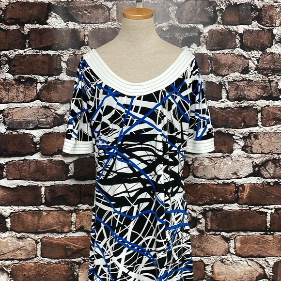Anne Klein Dress Womens Large Blue Line Pattern Short Sleeve A-Line Midi - Picture 7 of 16